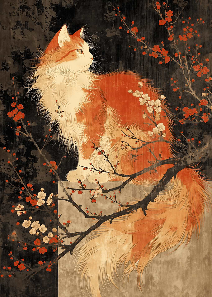 Vintage Art of a Japan Cat with Cherry Blossom