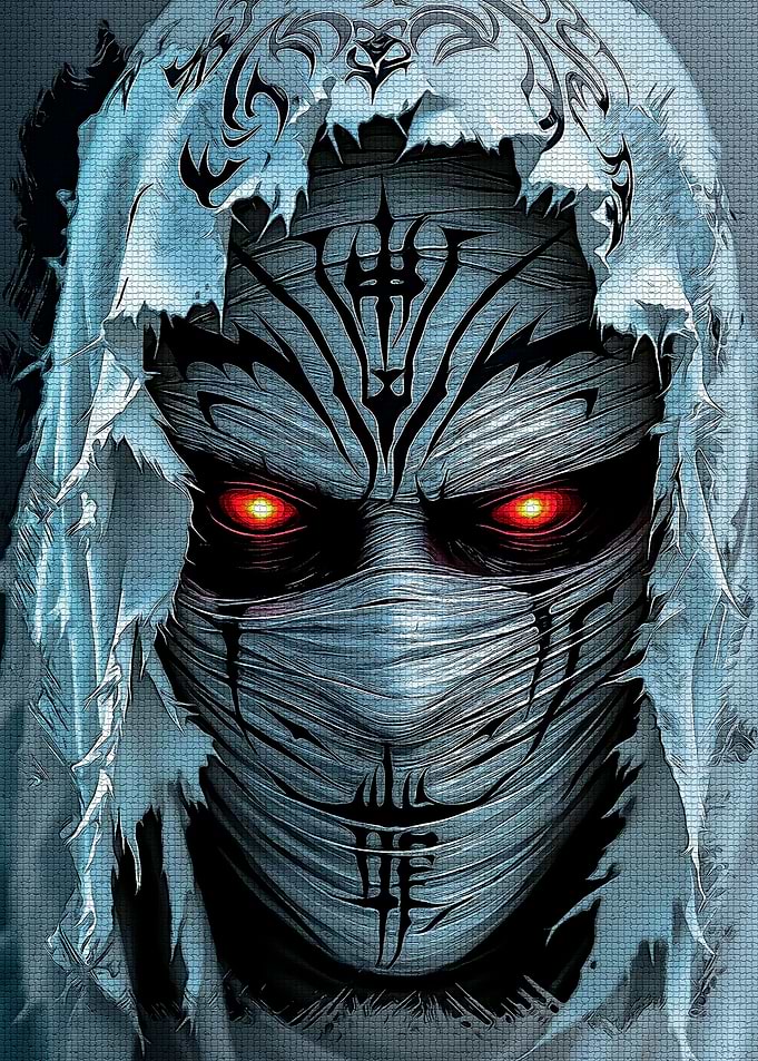Masked Figure with Glowing Eyes