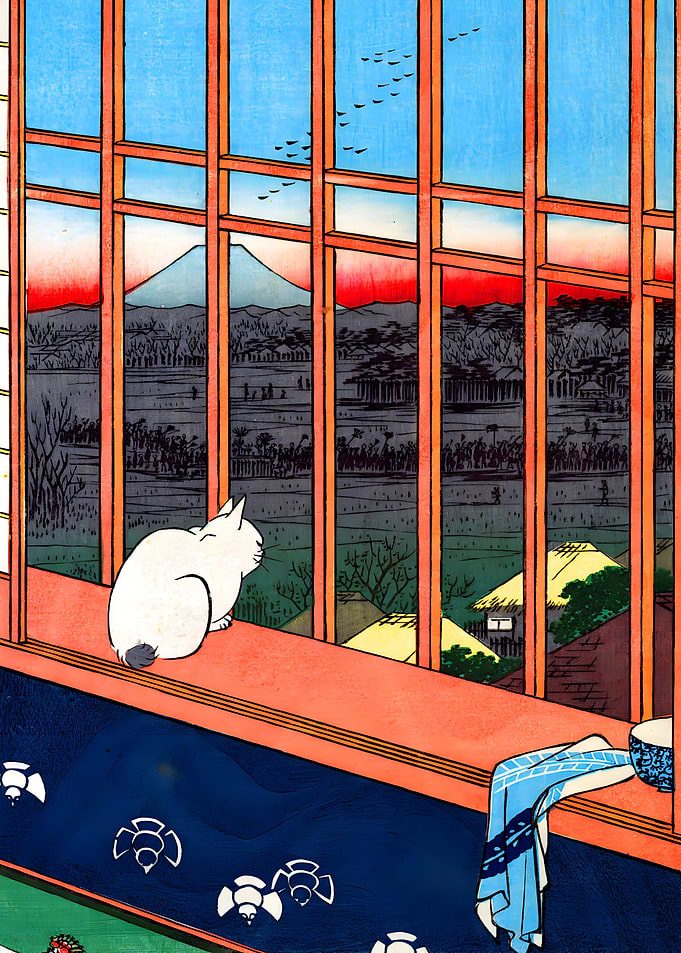 Cat Watching Sunset Mount Fuji Japan