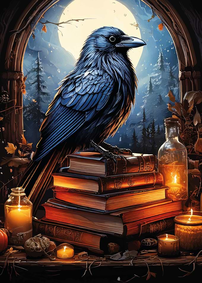Magical raven and books