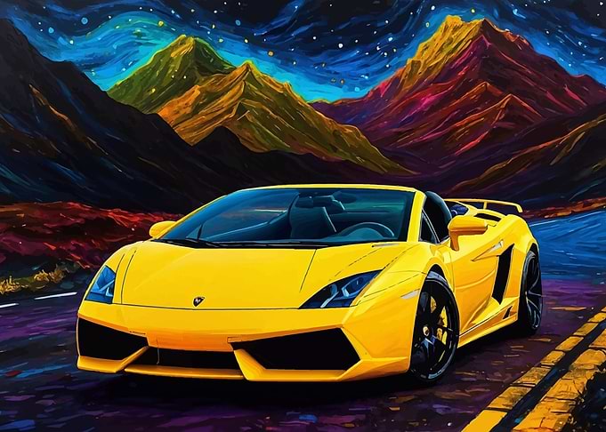 Yellow Lamborghini Gallardo in Mountain Landscape