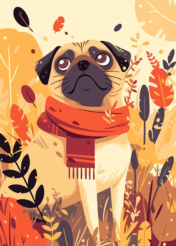 Cute Pug in Scarf and Autumn Leaves Minimalist Art Illustration