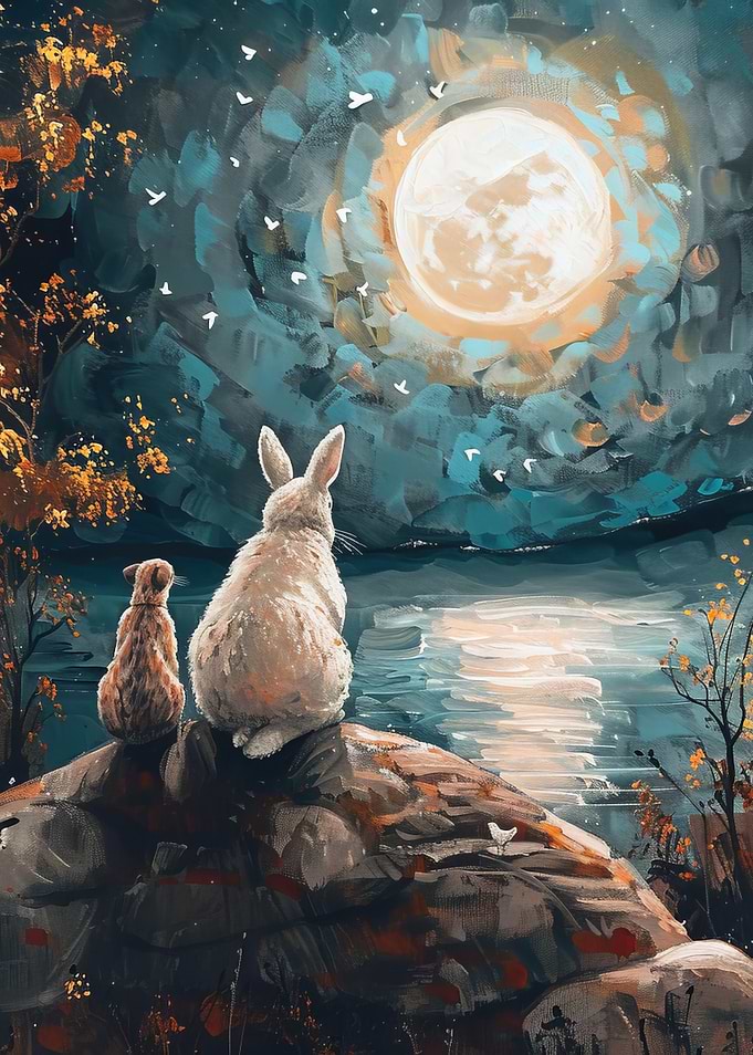 Rabbit and Cat Under Full Moon