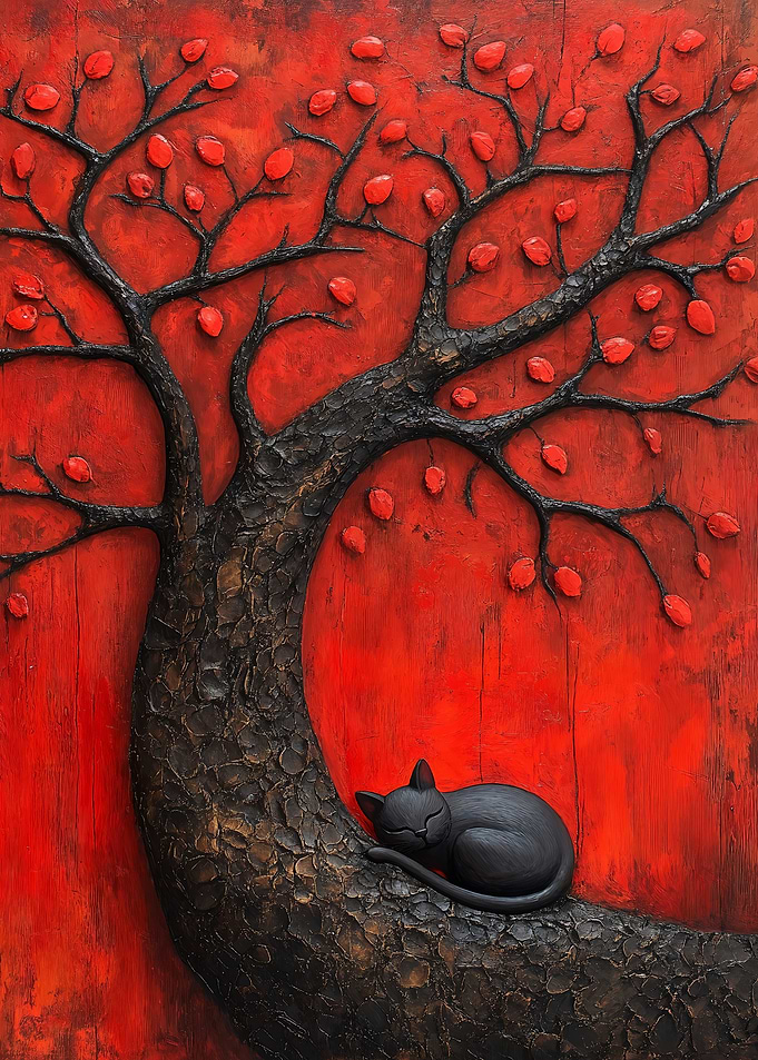 Sleeping Black Japan Cat Beneath Red Tree