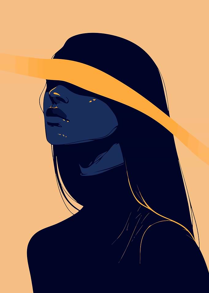 Blue Woman with Yellow Stripe Abstract Minimalist Art