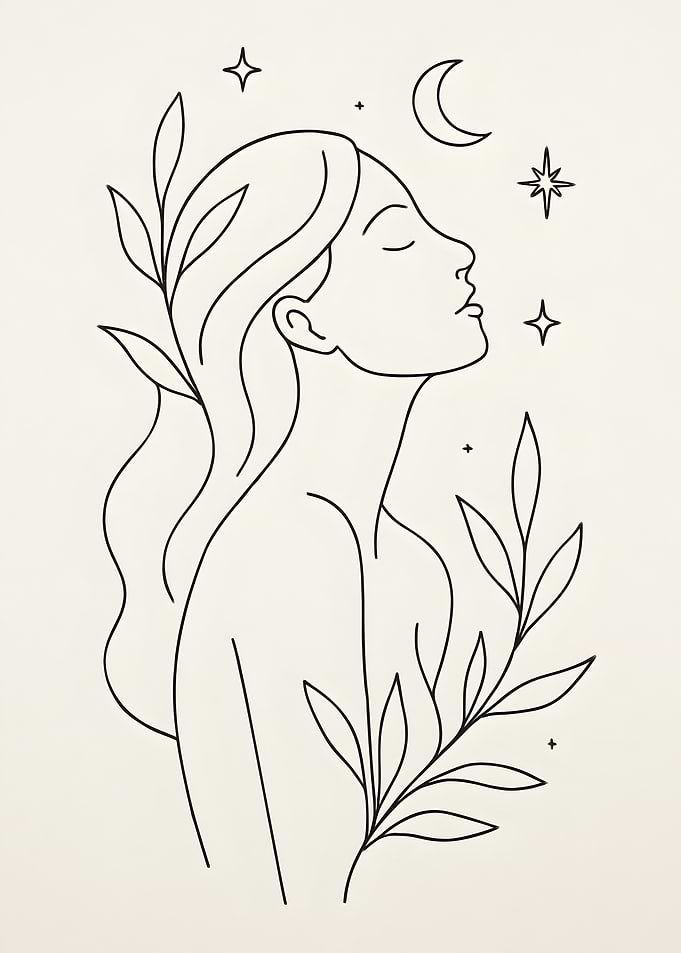 Line Art Woman with Moon and Stars