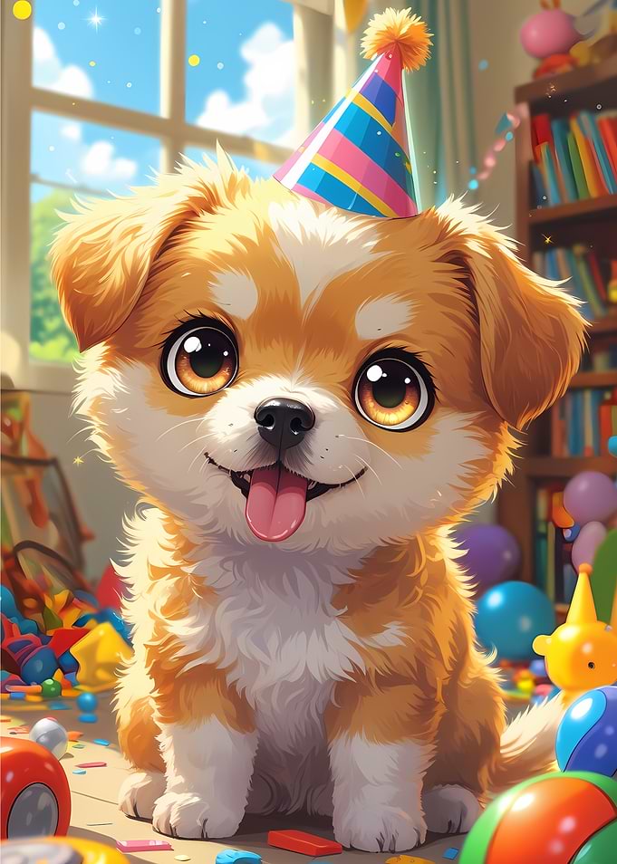 Cute Birthday Puppy - Kawaii Anime Party Dog Portrait
