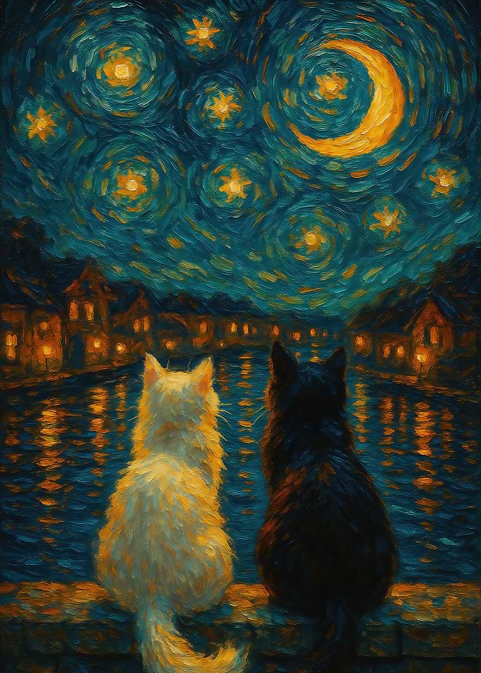 Starry Night and the Black and White Cats