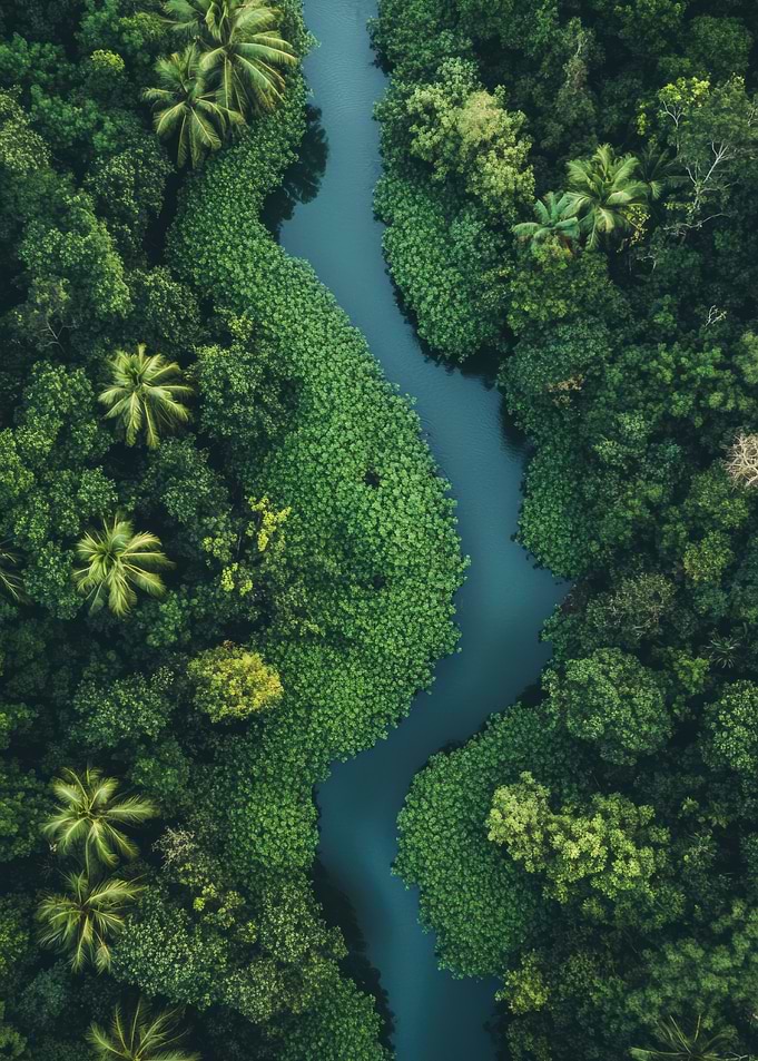 Aerial View of River in Lush Forest