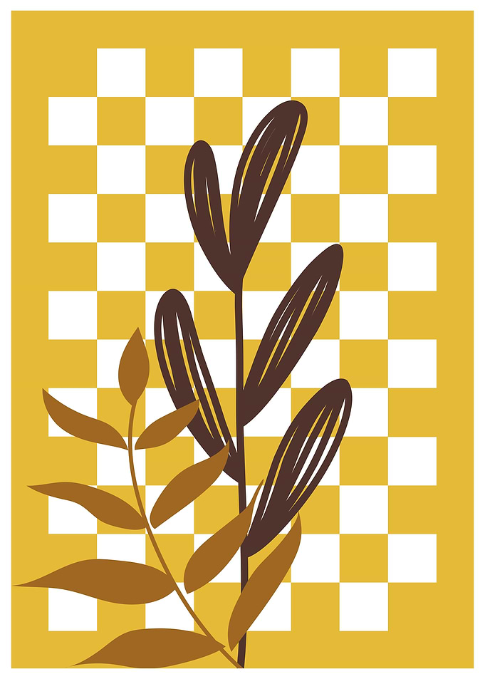 Floral Branch on Checkerboard