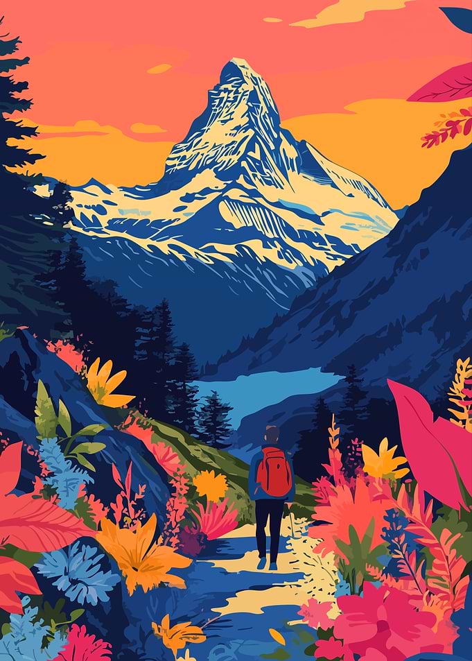 Hiking Towards Matterhorn Minimalist Nature Art Illustration