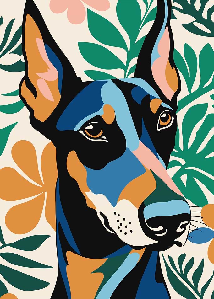 Doberman with Tropical Leaves