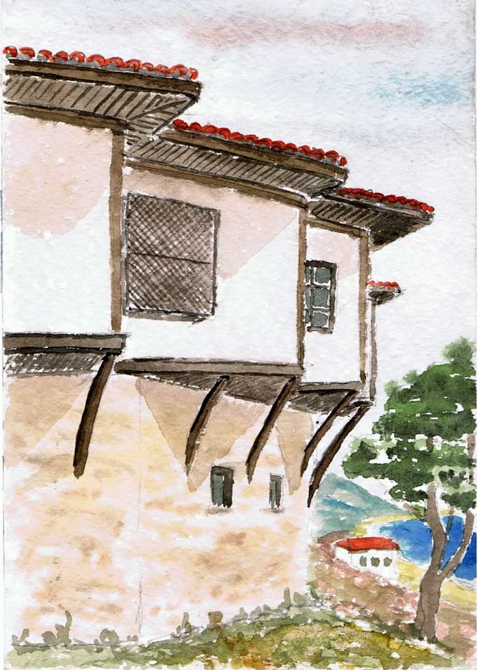 Watercolor House with Red Roof in Greece