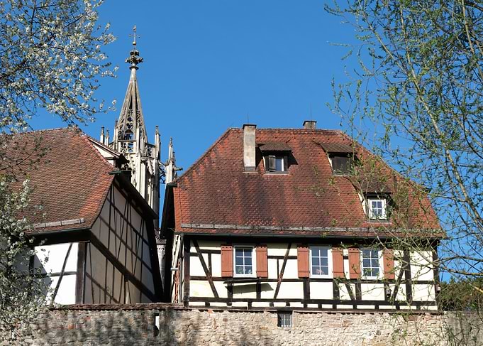 Half-Timbered Houses and Spire in Germany