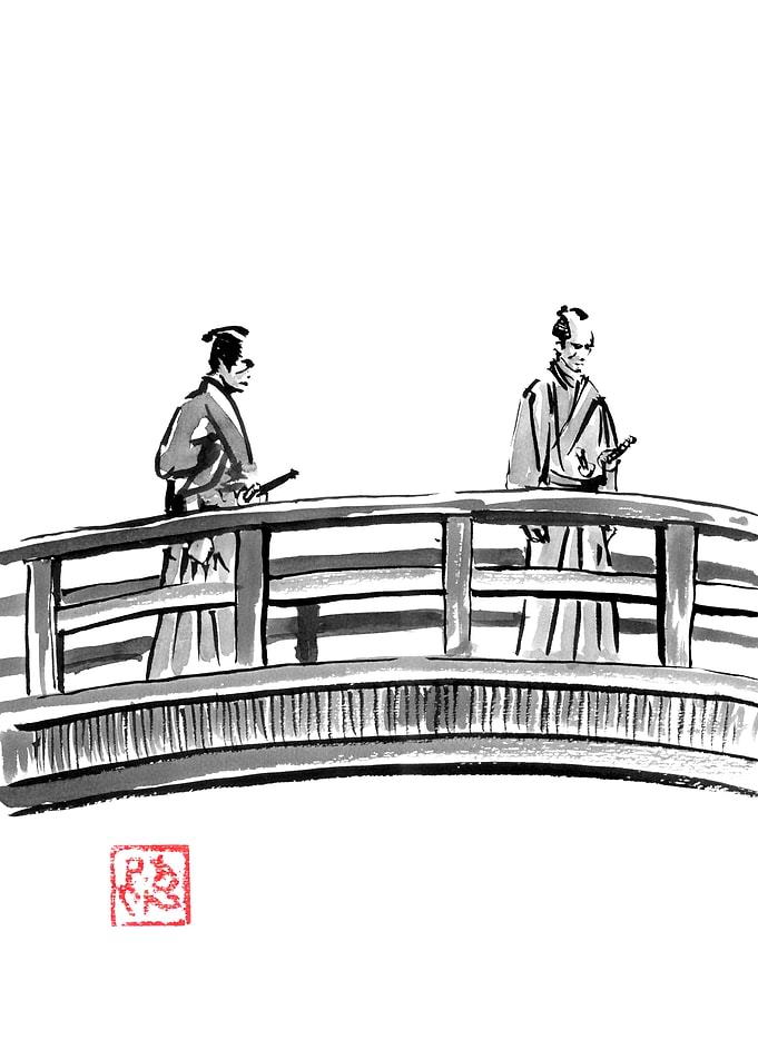 Samurai on Bridge Ink Painting