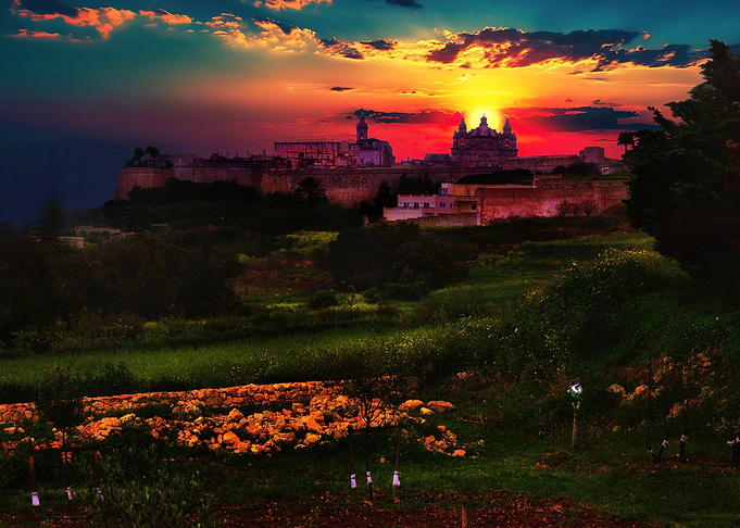 Mdina Sunset over City Walls in Malta