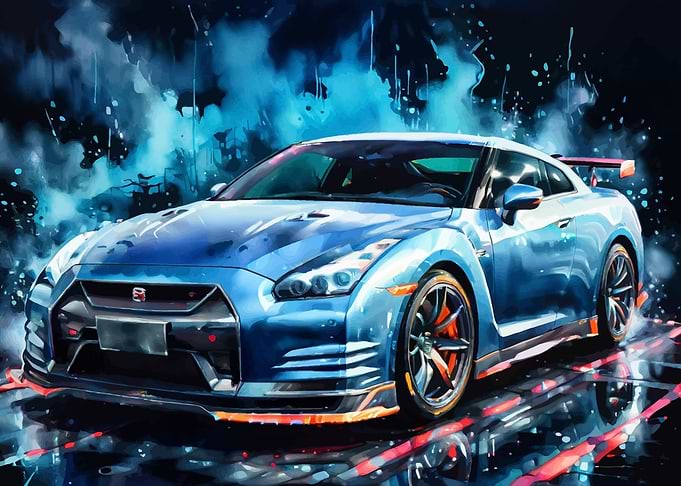 Blue Nissan GT-R Watercolor