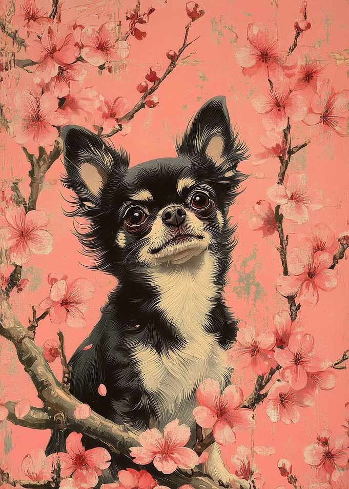 Chihuahua in Cherry Blossoms | Dog and Blossoms Wall Art
