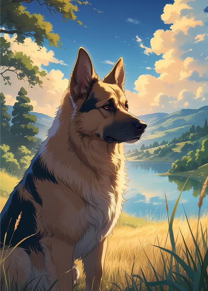 Majestic German Shepherd in Serene Landscape - Beautiful Anime Style Dog Portrait Art