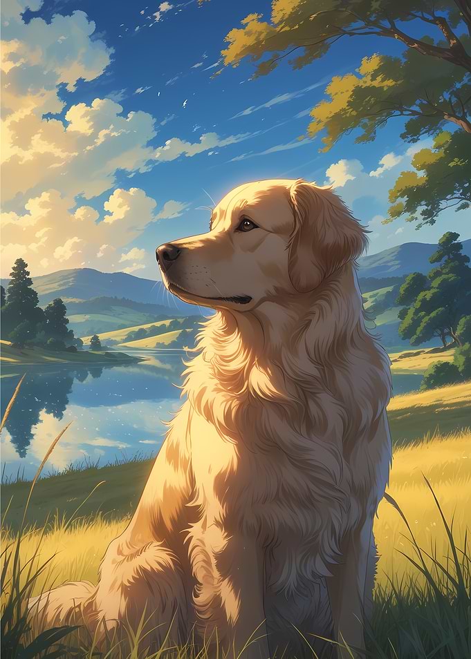 Majestic Golden Retriever in Serene Landscape - Beautiful Anime Style Dog Portrait