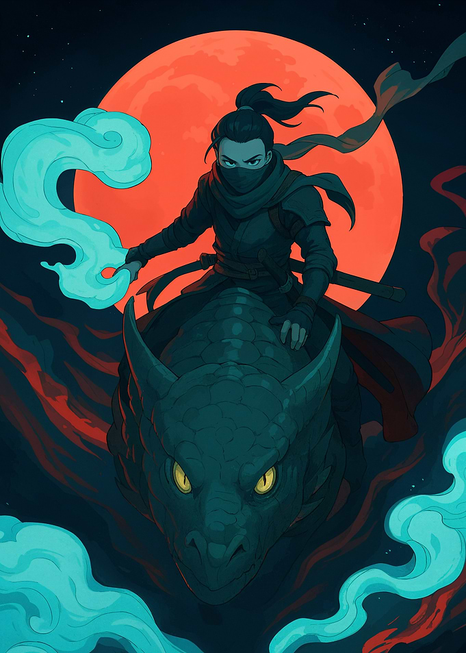 Ninja on Dragon with Red Moon