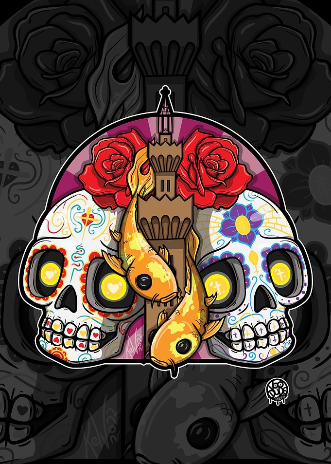 Grimsby Dock Tower Sugar Skull Koi Fish Art