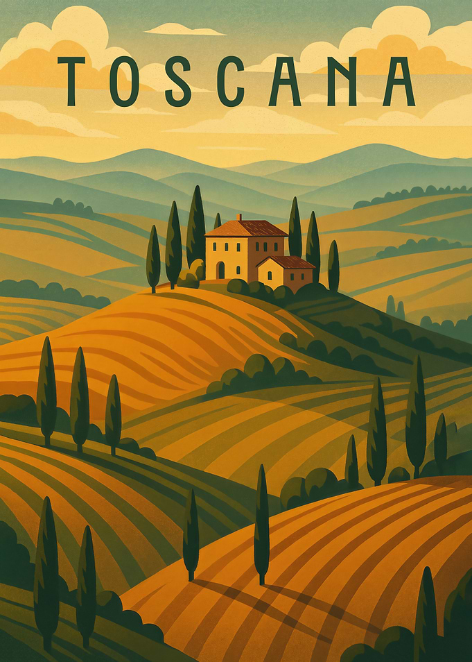 Tuscany Travel Poster Italy – Rolling Hills & Cypress Roads