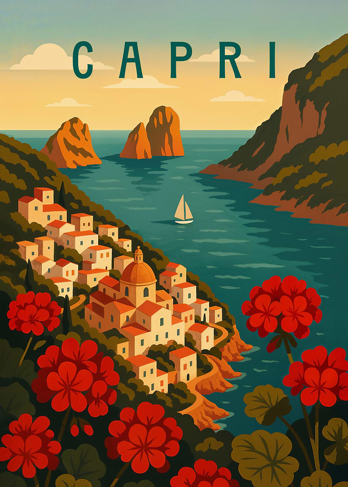 Capri Travel Poster – Colorful Amalfi Coast Island View