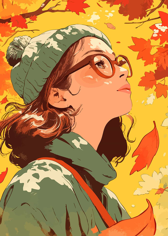 Hip Autumn Girl with Maple Leaves Minimalist Art Illustraiton