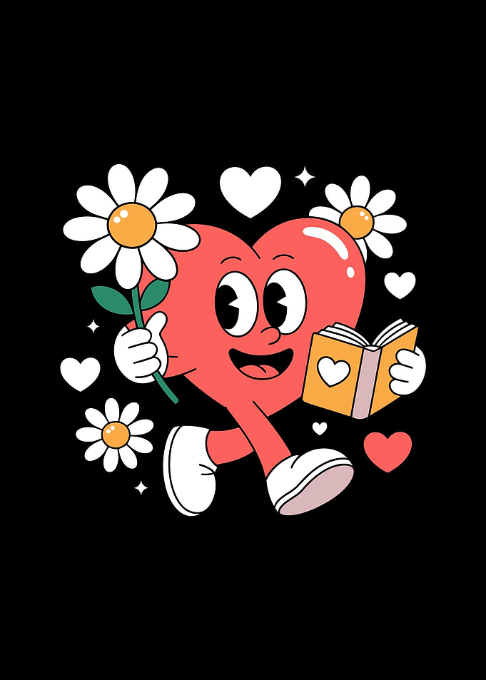 Heart Character with Flowers and Book
