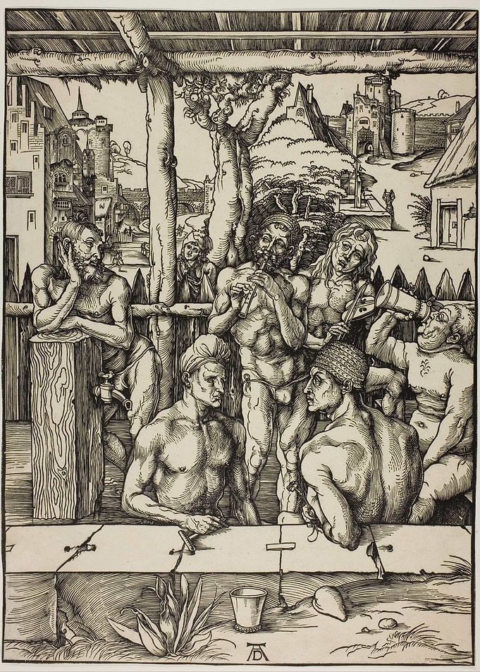 Woodcut of Men in a Landscape