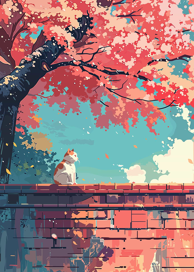 Cat Under Cherry Blossoms