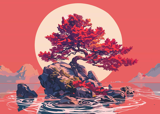 Red Tree on a Rock Island