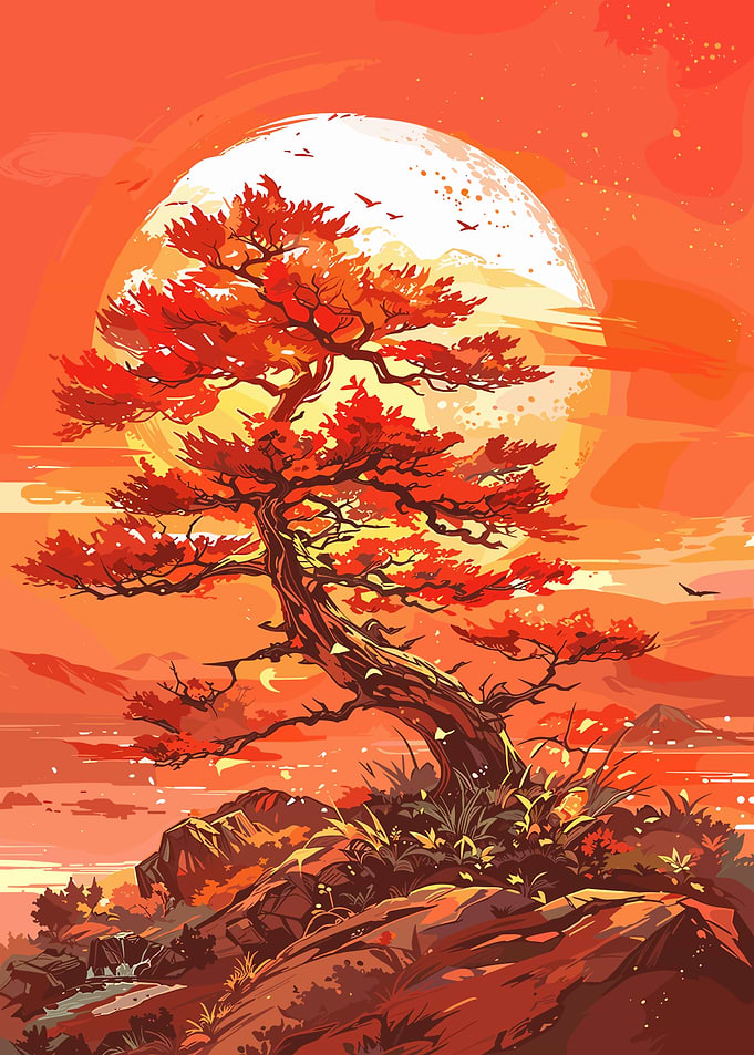 Red Tree Sunset Landscape