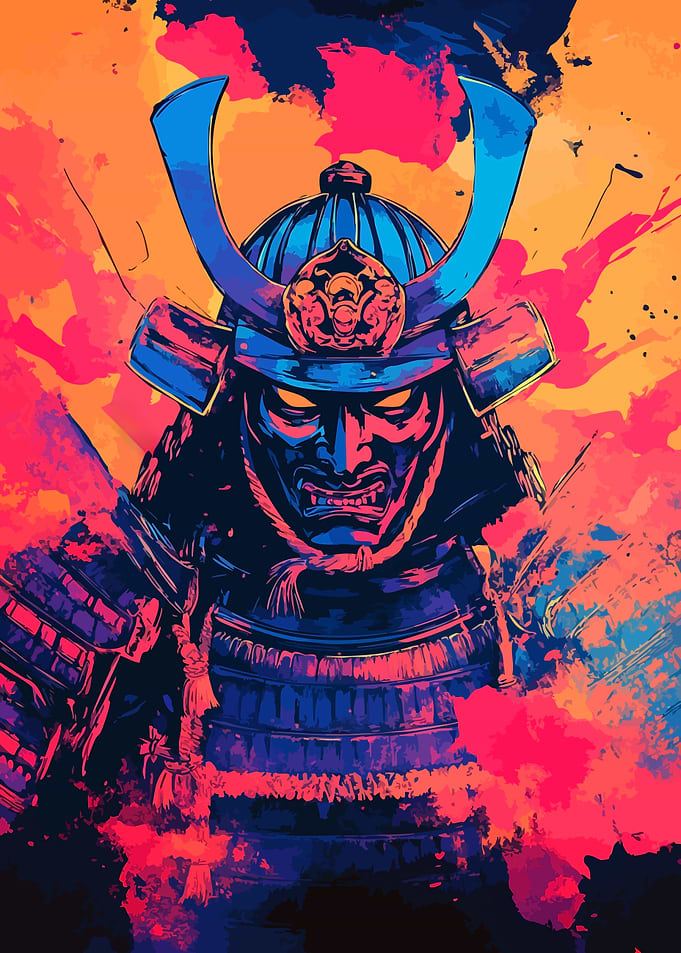 Retro Samurai Warrior with Mask Art Illustration