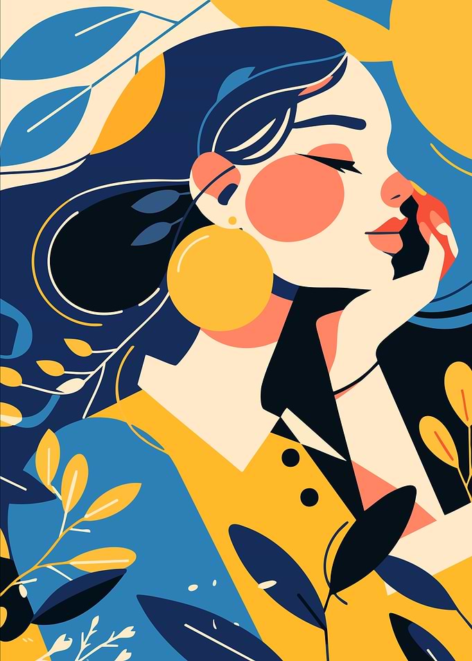 Woman with Floral Background Abstract Minimalist Art Illustration