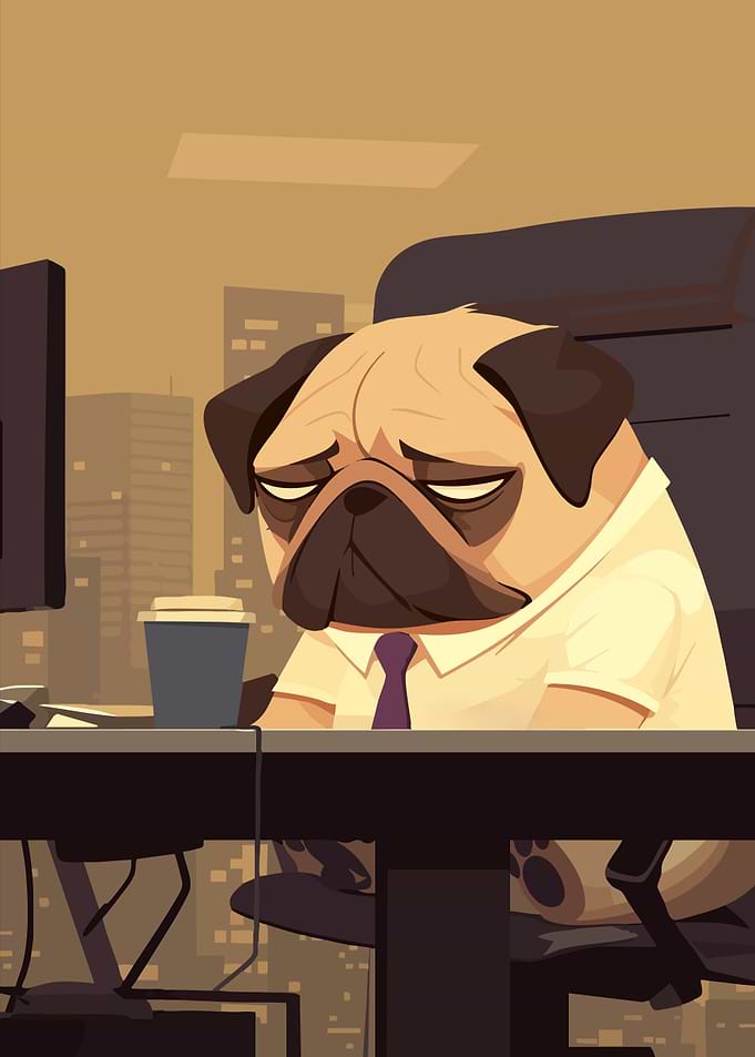 Tired Pug at Work Minimalist Art Illustration