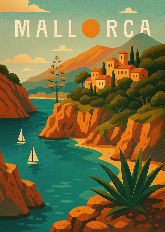 Mallorca Travel Poster Spain – Mediterranean Cliffs & Sea Breeze