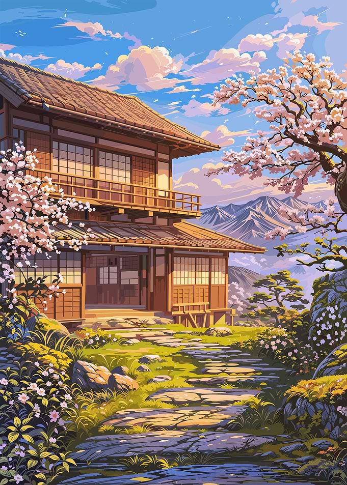 Japanese House with Cherry Blossoms