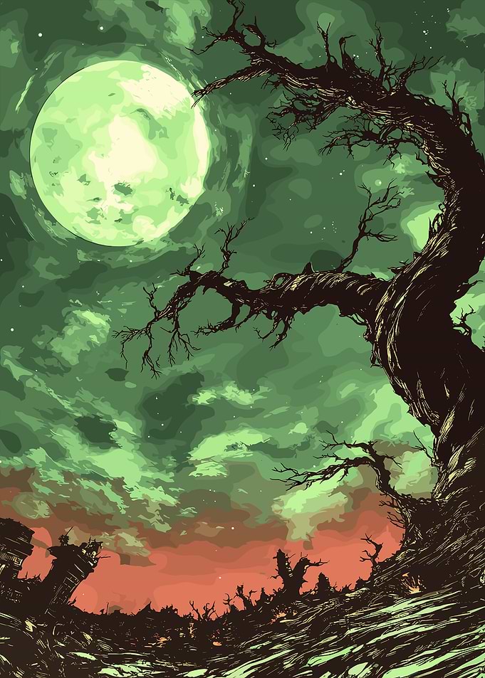 Spooky Night Sky with Twisted Tree