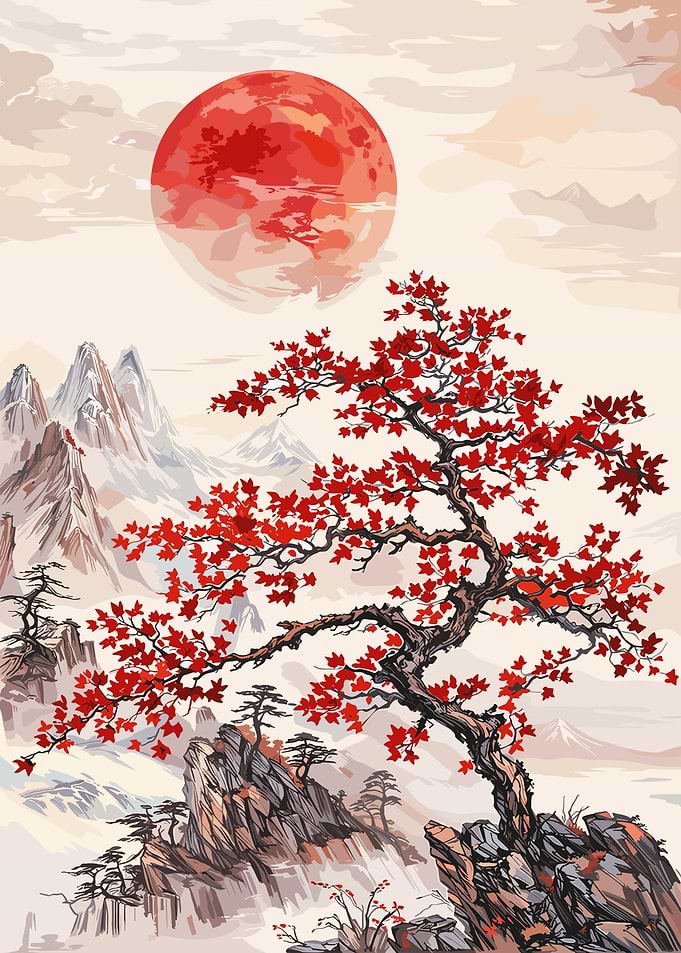 Red Moon Mountain Landscape
