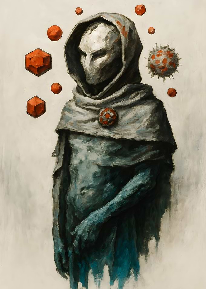 Hooded Figure with Geometric Shapes