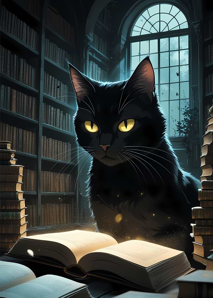 Mystical Black Bombay Cat in Library - Beautiful Anime Style Cartoon Cat Portrait Art