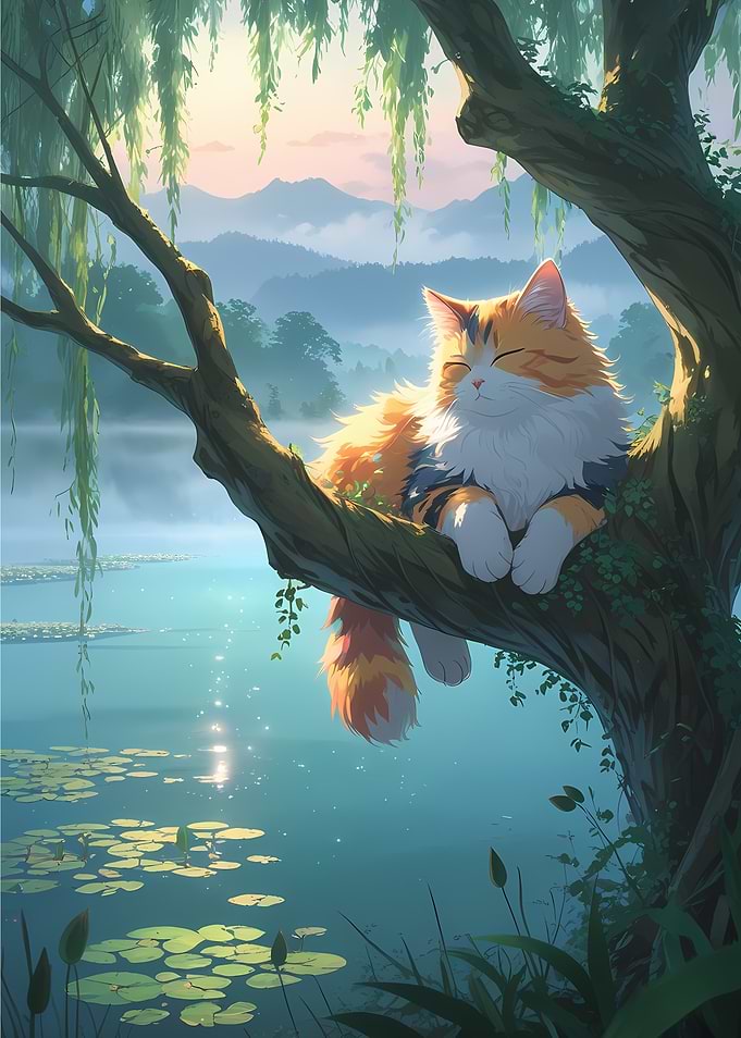 Cute Fluffy Calico Cat Sleeping on Lakeside Tree - Beautiful Anime Style Cartoon Cat Portrait Art