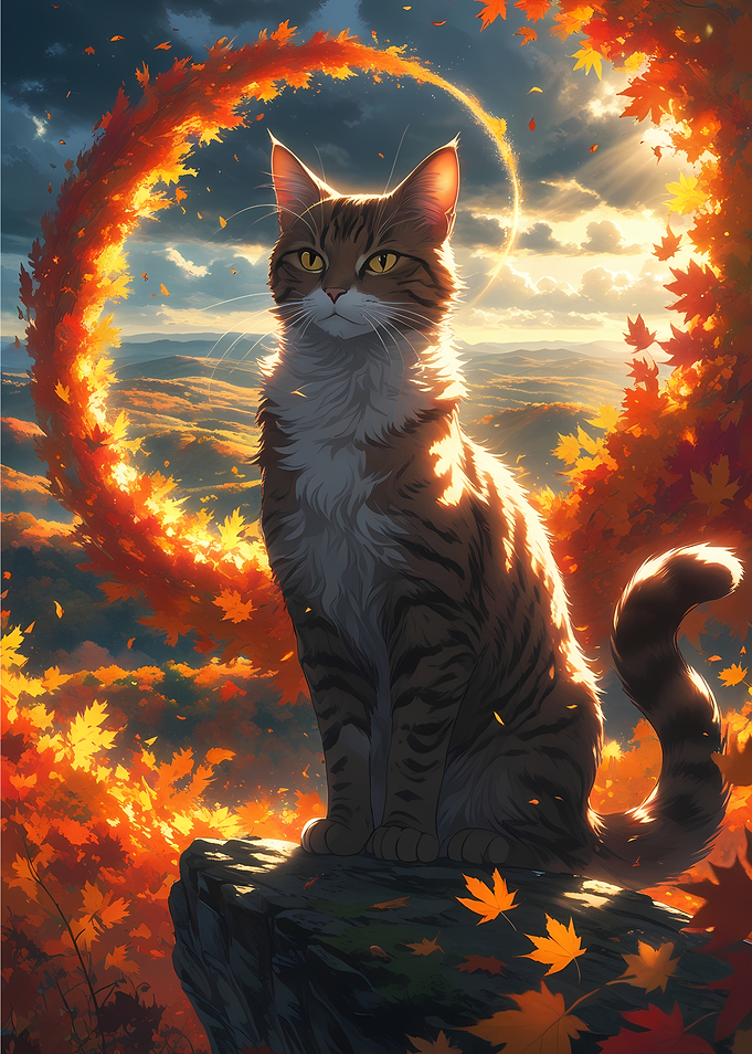 Majestic Abyssinian Cat in Autumn Fantasy - Beautiful Anime Style Cartoon Cat Portrait Art