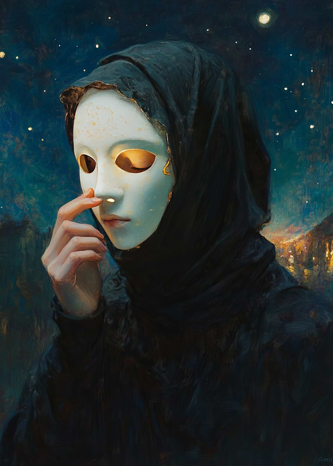 Woman with Mask Under Starry Sky