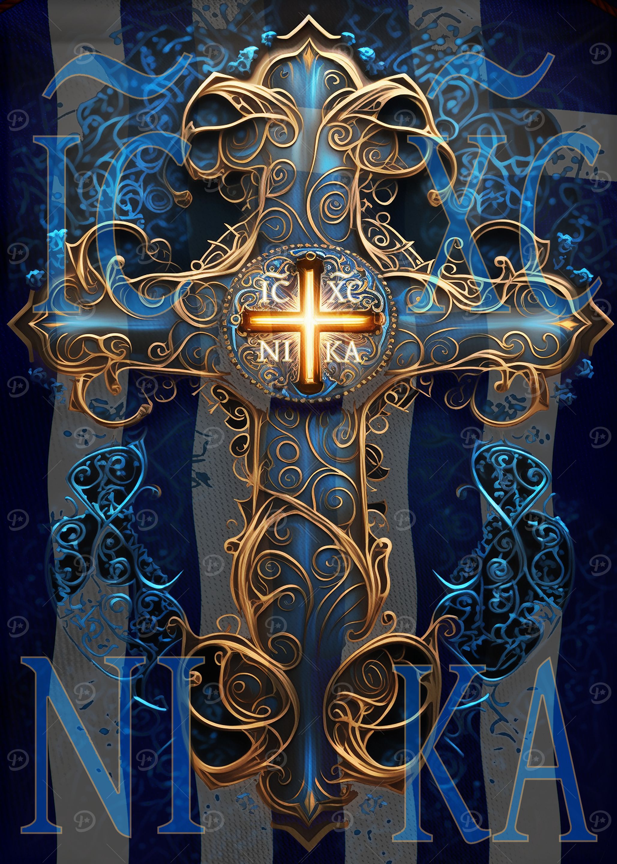 IC XC NIKA Ornate Gold Cross with Blue Background