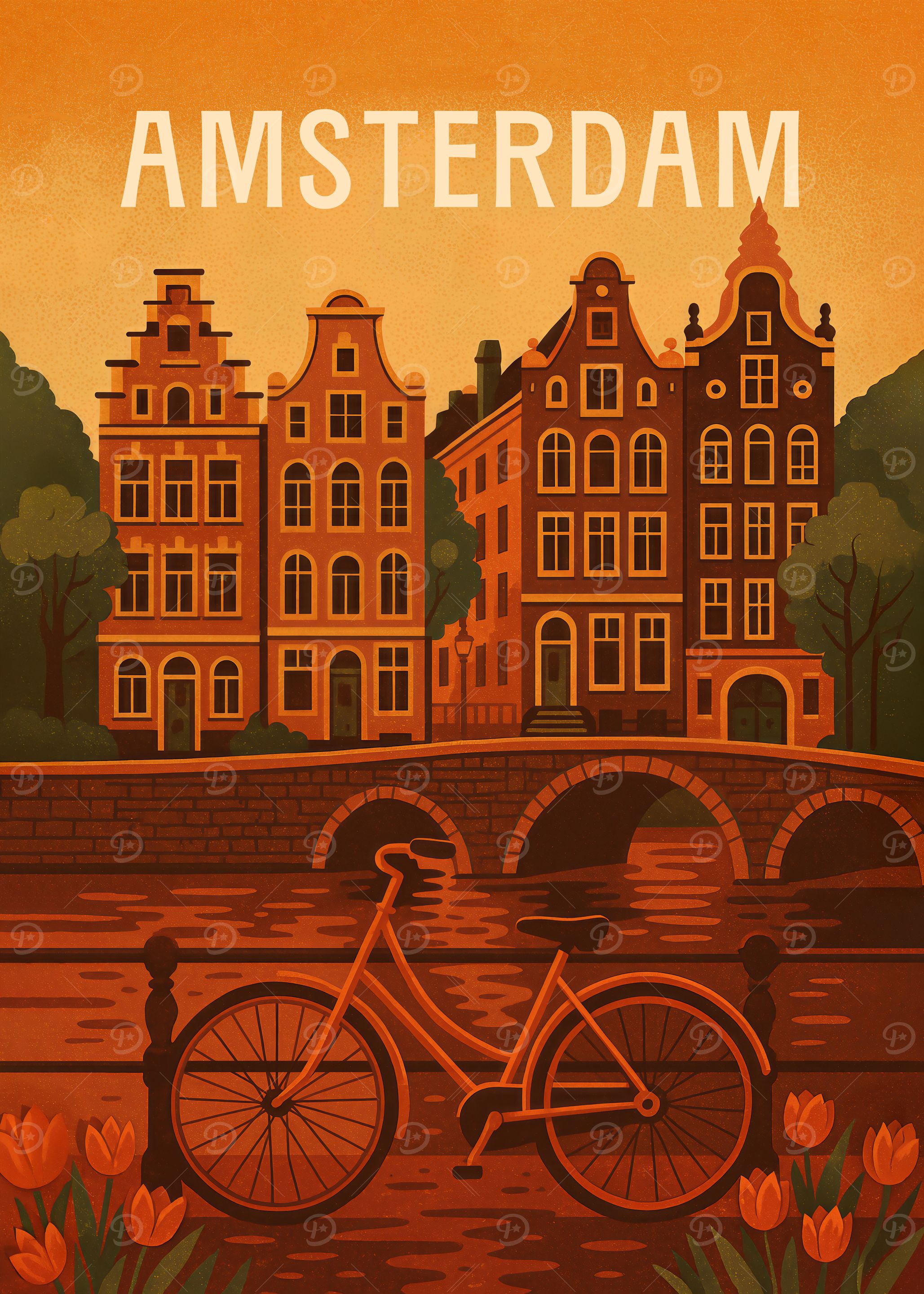 Amsterdam Travel Poster – Canals, Bikes & Tulips