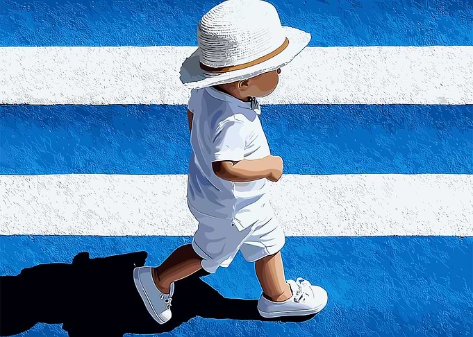 Toddler Walking on Blue Stripes