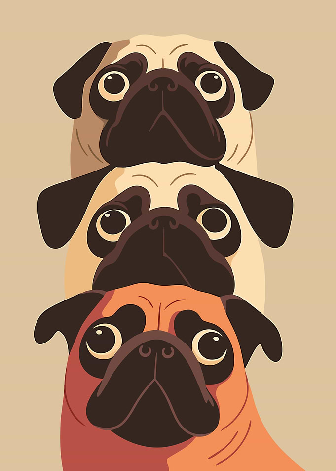 Triple Pugs Cute Funny Dog Minimalist Art Illustration